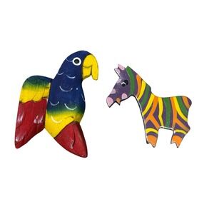 Hand Carved Wood Animal Magnets‎ Colorful Bird Zebra Costa Rica Decor